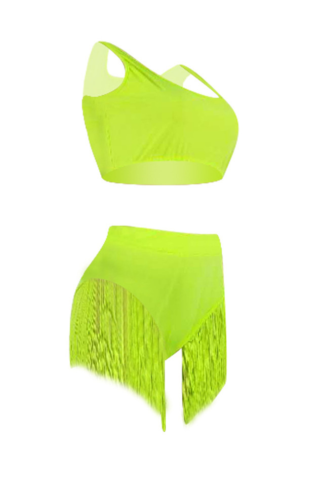 Sexy Tassel Swimsuit Fluorescent Green Two Piece Suit 4786