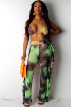 Army Green Sexy Fashion Stringy selvedge Print Tie Dye Patchwork Loose Sleeveless
