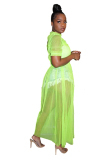 Green Casual Fashion Cap Sleeve Half Sleeves O neck Straight Ankle-Length Solid asymmetrical Mes