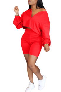 Red Polyester Fashion adult Ma'am Street O Neck Solid Two Piece Suits Stitching Plus Size 