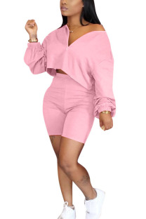 Pink Polyester Fashion adult Ma'am Street O Neck Solid Two Piece Suits Stitching Plus Size 