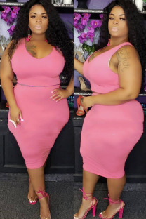 Pink Polyester Fashion Sexy adult Ma'am O Neck Patchwork Solid Two Piece Suits Stitching Plus Size 