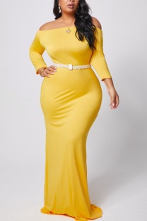 Yellow Polyester Fashion Sexy adult Ma'am One word collar Solid asymmetrical Plus Size 