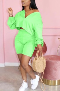 Fluorescent green Polyester Fashion adult Ma'am Street O Neck Solid Two Piece Suits Stitching Plus Size 