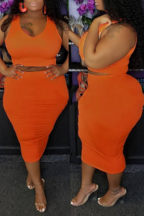Orange Polyester Fashion Sexy adult Ma'am O Neck Patchwork Solid Two Piece Suits Stitching Plus Size 