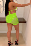 Fluorescent green adult Sexy Fashion Dot Mesh Print perspective Bandage Two Piece Suits Patchwork Sequin bac