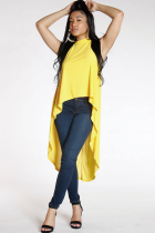 Yellow Polyester O Neck Sleeveless Patchwork Solid asymmetrical  Tees & T-shirts