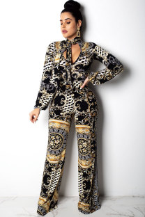 Multi-color Polyester Elastic Fly Long Sleeve Mid Zippered Print bandage Patchwork Skinny Pants  Jumpsuits & Rom