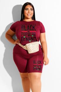 Wine Red Polyester Fashion Casual adult O Neck Letter Patchwork Print Two Piece Suits Plus Size 