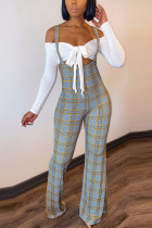 White Fashion Sexy adult Ma'am Plaid Patchwork Solid Two Piece Suits Boot Cut Long Sleeve Two Pieces