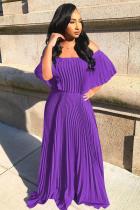 purple Polyester Fashion Casual adult Sexy Off The Shoulder One word collar Pleated Floor-Length Solid Drap
