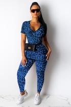 Blue Polyester adult Street Fashion Leopard Print Two Piece Suits Patchwork pencil Short Sleeve  Two-piec