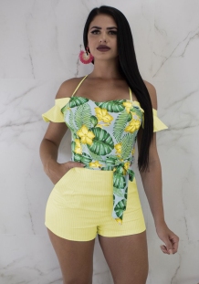 Yellow Polyester Bandage Print Casual Fashion Jumpsuits & Rompers