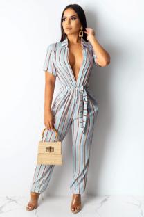 Blue Casual Striped Polyester Short Sleeve Turndown Collar  Jumpsuits