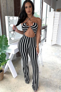 Black Fashion Sexy Striped Print Patchwork Polyester Sleeveless Slip  Jumpsuits