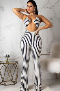 White Fashion Sexy Striped Print Patchwork Polyester Sleeveless Slip  Jumpsuits
