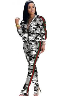 White adult Casual Fashion Print Two Piece Suits Patchwork Camouflage Straight Long Sleeve Two-