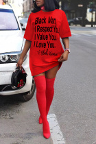 Red Polyester England Black Shirt sleeves Short Sleeves O neck Step Skirt Knee-Length Print Character Dresses