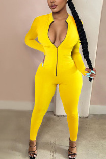 Yellow Fashion Casual Solid zipper Milk. Long Sleeve O Neck Jumpsuits