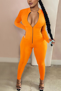 Orange Fashion Casual Solid zipper Milk. Long Sleeve O Neck Jumpsuits