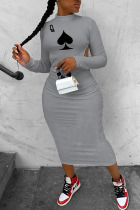 Grey Fashion Sexy adult Ma'am Cap Sleeve Long Sleeves O neck Step Skirt Mid-Calf Print backless Dresses