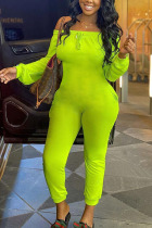 Fluorescent green Fashion Casual Solid Long Sleeve one word collar Jumpsuits