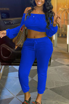 Blue Polyester Fashion Sexy adult Ma'am Solid Two Piece Suits pencil Long Sleeve Two Pieces