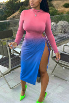 Blue Sexy Sleeve O neck Step Skirt Knee-Length Ombre Dresses