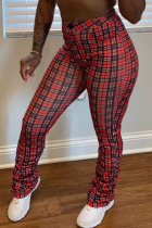 Wine Red Polyester Elastic Fly Mid Plaid Print Straight Pants Bottoms