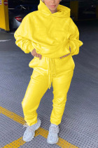 Yellow Sportswear Nylon Solid Pocket Hooded Collar Long Sleeve Regular Sleeve Two Pieces
