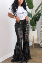 Black Fashion Casual Adult Letter Solid Tassel Ripped Letter O Neck Short Sleeve Regular Sleeve Regular Two Pieces