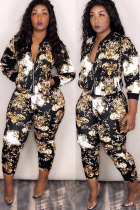 Black Elastic Fly Long Sleeve Mid Patchwork Print pencil Pants Two-piece suit