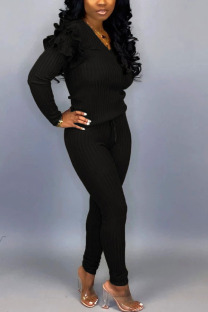 Black Sexy Solid O Neck Long Sleeve Regular Two Pieces