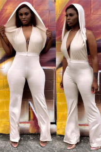 Cream White Casual Fashion Backless bandage Hollow Asymmetrical Solid Polyester Sleeveless V Neck  Jumpsuits