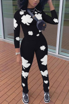 Black Fashion Casual Adult Polyester Print Split Joint Pullovers O Neck Long Sleeve Regular Sleeve Regular Two Pieces