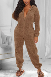 Brown Fashion Adult Living Plush Solid Split Joint Hooded Collar Straight Jumpsuits