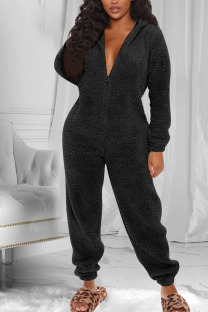 Black Fashion Adult Living Plush Solid Split Joint Hooded Collar Straight Jumpsuits
