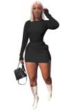 Black Polyester Fashion adult Sexy Two Piece Suits Solid Patchwork Hip skirt Long Sleeve 