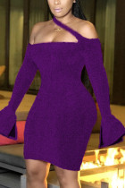purple Fashion Sexy Solid Backless Halter Dresses