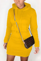 Yellow Street Cap Sleeve Long Sleeves Hooded Step Skirt Knee-Length Solid