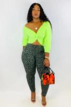 Fluorescent green Polyester Street Fashion adult Leopard backless Print Two Piece Suits Solid pencil Long Sleeve  Two-