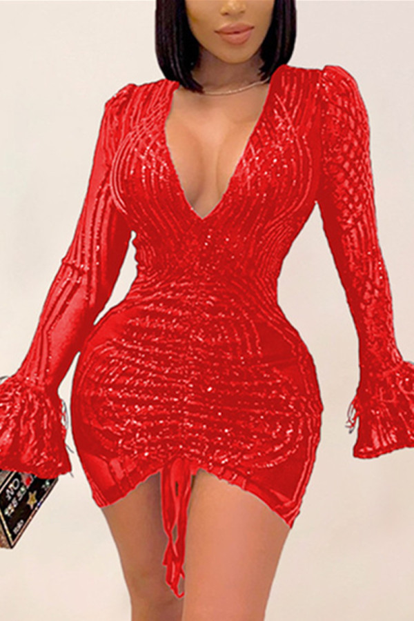 Red Fashion Sexy Solid Patchwork V Neck Long Sleeve Mini A Line Dresses