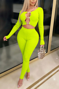 Fluorescent Green Casual Solid Hollowed Out O Neck Three Quarter Two Pieces