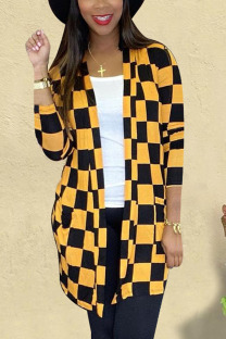 Yellow Casual Plaid Split Joint O Neck Outerwear