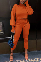 Orange Daily Solid Split Joint Turtleneck Long Sleeve Two Pieces