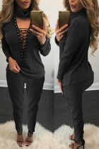 Black Sexy Casual Patchwork Hollowed Out V Neck Long Sleeve Two Pieces