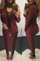 Wine Red Sexy Casual Patchwork Hollowed Out V Neck Long Sleeve Two Pieces