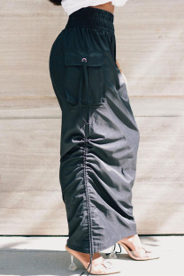 Black Casual Solid Draw String Fold Bottoms