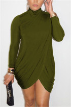 Army Green Fashion Casual Solid Asymmetrical Turtleneck Long Sleeve Dress