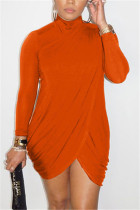 Orange Fashion Casual Solid Asymmetrical Turtleneck Long Sleeve Dress